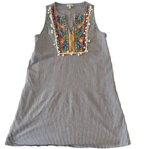 Love Fire Womens Small Blue White Striped Embroidered Pom Pom Shift Dress S/P